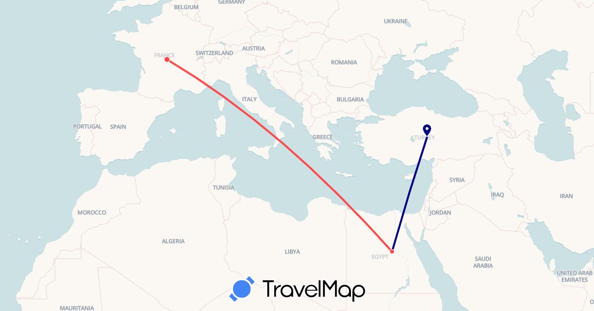 TravelMap itinerary: driving, hiking in Egypt, France, Turkey (Africa, Asia, Europe)